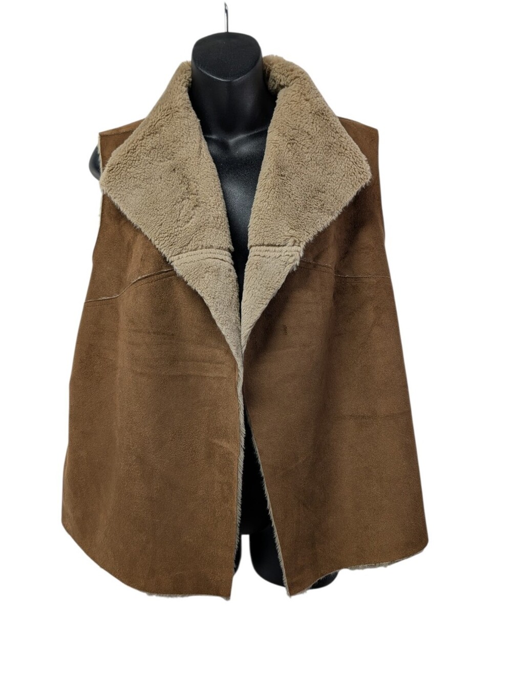 Relativity Women's Brown/Beige Lined Open Front Vest Size L Faux Fur Accents